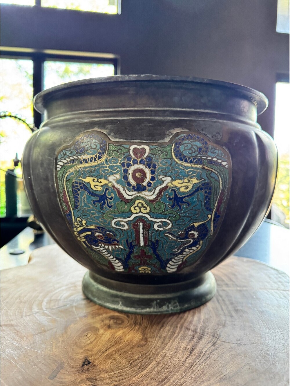 Large Antique Japanese Meiji Champlevé Enamel Bronze Dragon Jardinière Planter